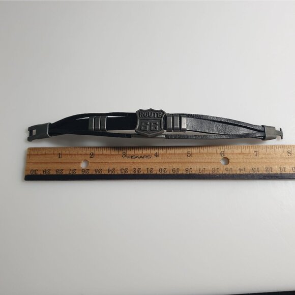 Route 66 Leather Bracelet Black Mens Jewelry Vintage Style Clasp Latch Biker - Picture 5 of 7